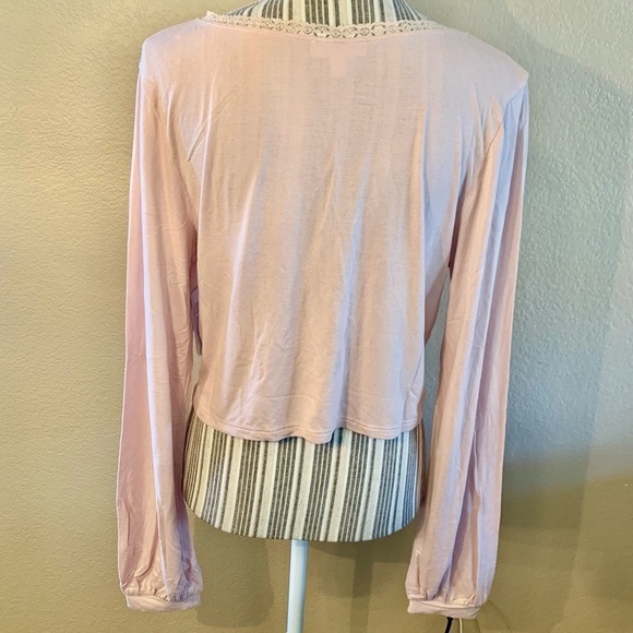 NWT Crop Top XL BP Wrap Front Lace Trim Pink Smoke Boho Long Balloon Sleeves - Picture 8 of 13